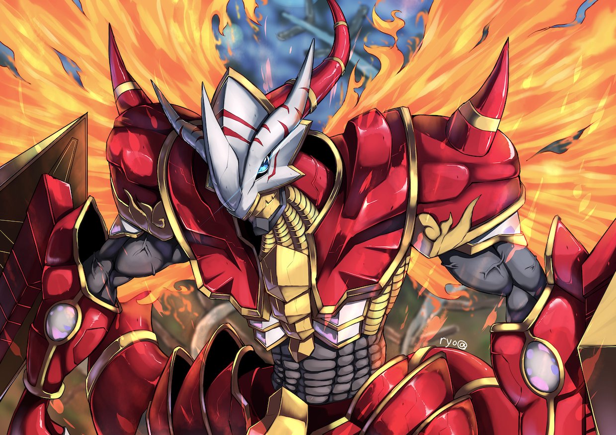 1boy, armor, blue_eyes, digimon, digimon_(creature), horns, looking_at_viewer, male_focus