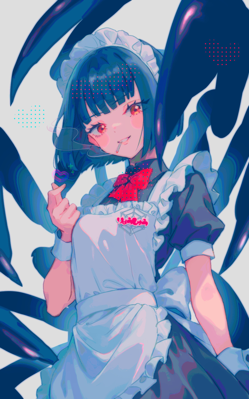 1girl, apron, arthropod_girl, arthropod_limbs, black_hair, blush, cigarette, cowboy_shot