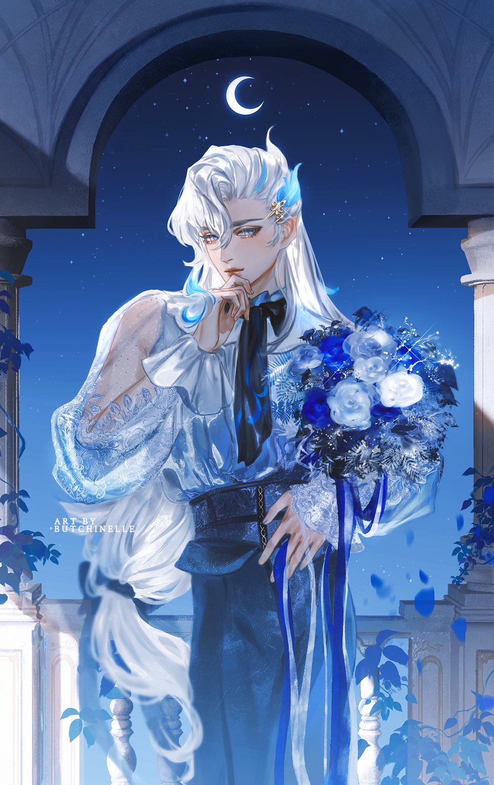 1boy, architecture, blue_eyes, blue_flower, blue_hair, blue_pants, blue_ribbon, blue_rose, bouquet, bow, brooch, butchinelle, crescent, cropped_legs, eyelashes, eyeshadow, feather_hair_ornament, feathers, flower, frilled_sleeves, frills, genshin_impact, hair_between_eyes, hair_ornament, hand_on_own_chin, highres, holding, holding_bouquet, jewelry, lace, lace_trim, leaf, long_hair, long_sleeves, looking_at_viewer, low-tied_long_hair, makeup, male_focus, moon, multicolored_hair, neuvillette_(genshin_impact), night, night_sky, pants, parted_bangs, plant, pointy_ears, puffy_long_sleeves, puffy_sleeves, ribbon, rose, see-through, see-through_sleeves, sidelocks, sky, solo, standing, star_(sky), streaked_hair, very_long_hair, watermark, white_flower, white_hair, white_rose
