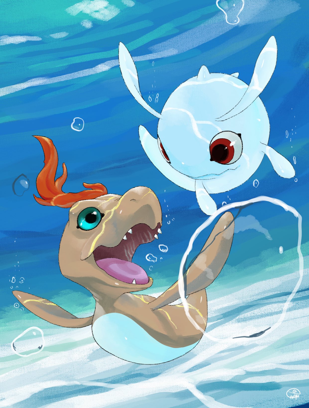2others, air_bubble, blue_eyes, bubble, digimon, digimon_(creature), enrike_(enrique_mr_blue), highres