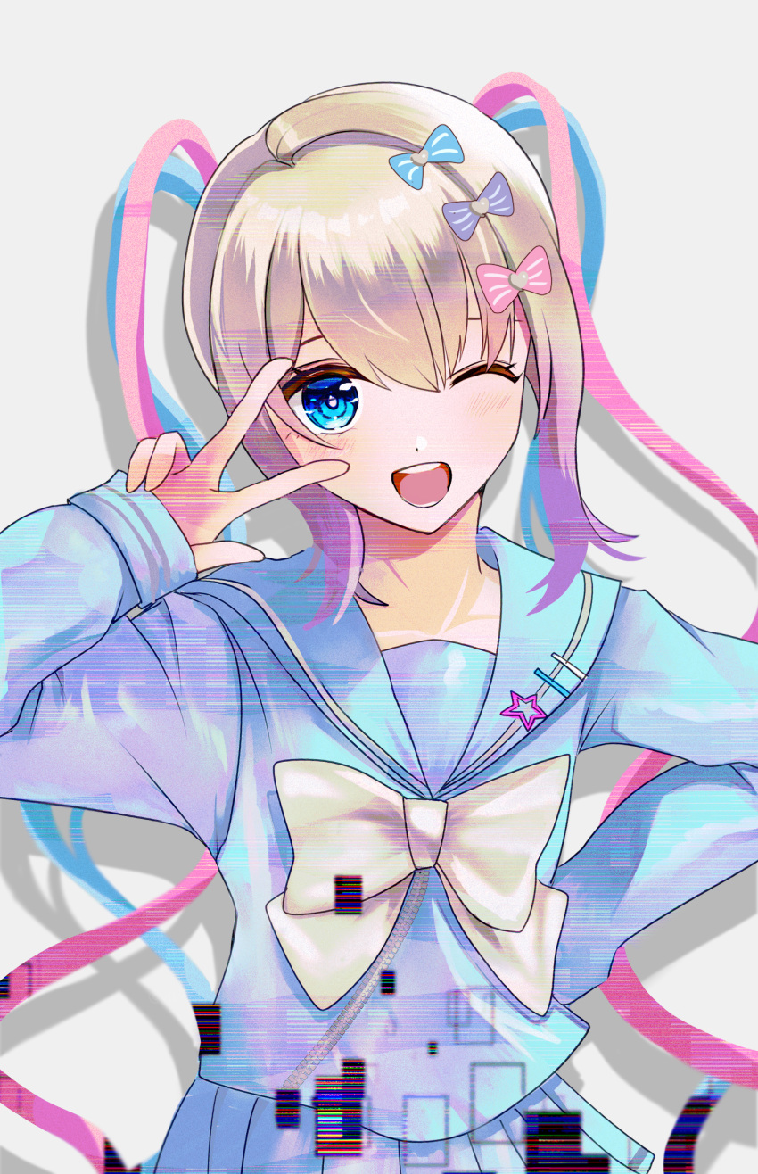 1girl, aqua_hair, blonde_hair, bow, chouzetsusaikawa_tenshi-chan, flaw_(4lmnis), hair_bow, hair_ornament