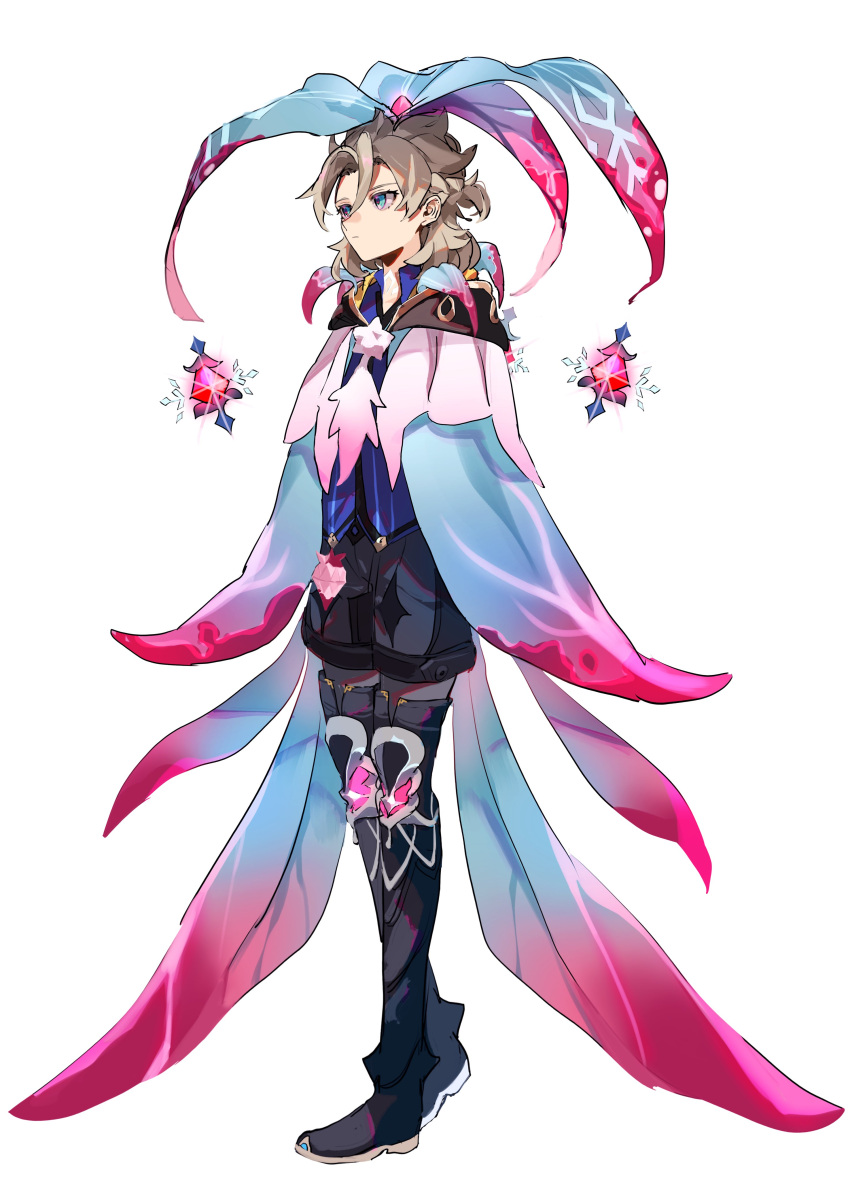 1boy, absurdres, albedo_(genshin_impact), black_footwear, black_pantyhose, black_shorts, blue_cape, blue_shirt