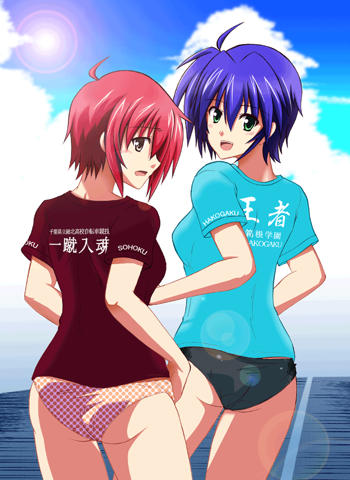 ahoge, ass, bikini_bottom, casual, clothes_writing, green_eyes, lens_flare, looking_back, mahou_shoujo_lyrical_nanoha, mahou_shoujo_lyrical_nanoha_strikers, multiple_girls, no_pants, nove, open_mouth, purple_hair, red_hair, redhead, saitou_chiwa, seiyuu_connection, short_hair, subaru_nakajima, sun, t-shirt, translation_request, yellow_eyes, zakkii