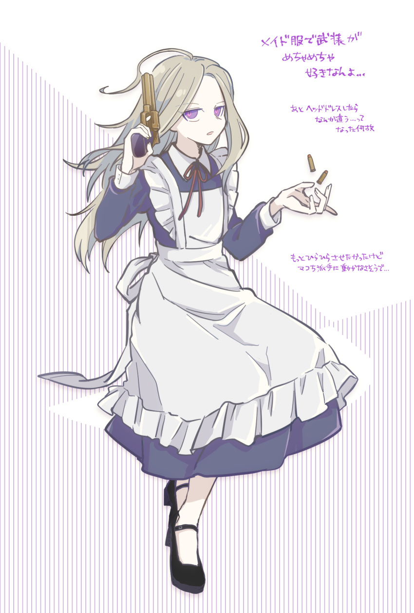 1boy, ahoge, alternate_costume, apron, black_footwear, blue_dress, bullet, collared_dress