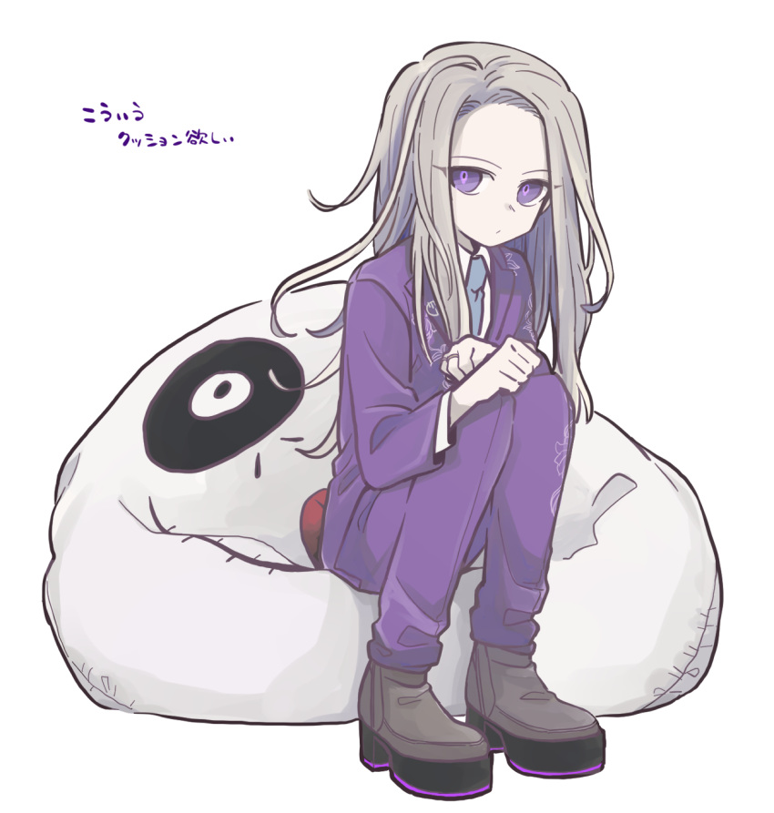 1boy, blonde_hair, blue_necktie, closed_mouth, collared_shirt, commentary_request, cushion, full_body