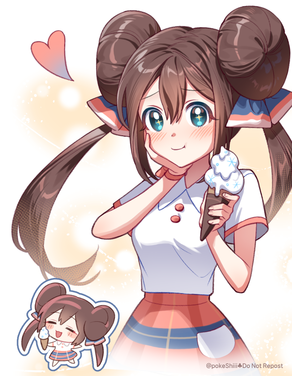 +_+, 1girl, :t, blush, brown_hair, chibi, chibi_inset, closed_mouth