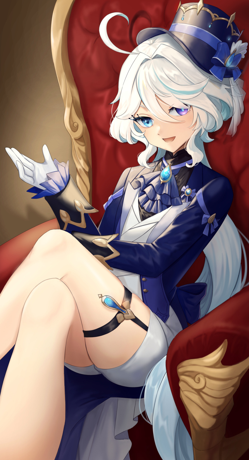 1girl, absurdres, ahoge, armchair, ascot, black_ascot, black_headwear, black_shirt, blue_ascot, blue_brooch, blue_eyes, blue_hair, blue_jacket, chair, crossed_legs, furina_(genshin_impact), genshin_impact, gloves, hair_between_eyes, hand_up, hat, heterochromia, highres, jacket, kodona, light_blue_hair, lolita_fashion, long_hair, looking_at_viewer, low_ponytail, mismatched_pupils, multicolored_hair, on_chair, open_mouth, sand_(redsunny924), shirt, short_shorts, shorts, sitting, smile, solo, thigh_strap, top_hat, very_long_hair, vest, white_gloves, white_hair, white_shorts, white_vest