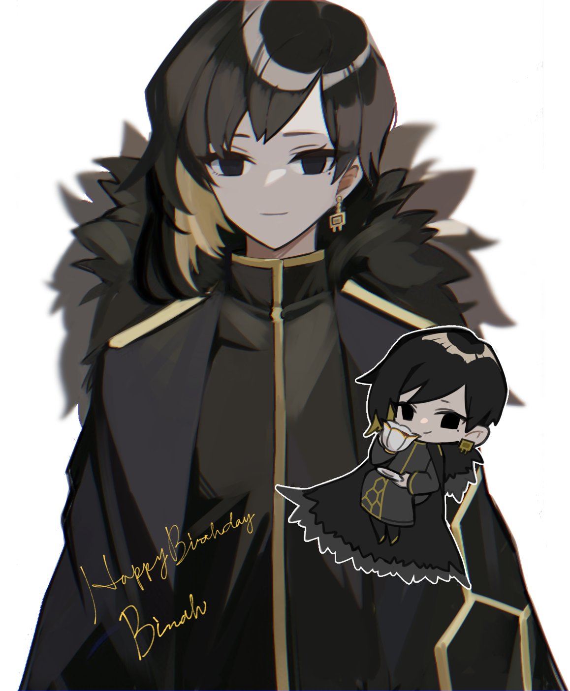 0o0onnk, 1girl, binah_(project_moon), black_cape, black_dress, black_eyes, black_hair, cape