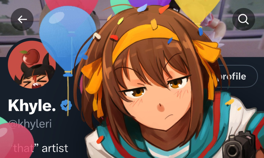 1girl, balloon, blush, brown_eyes, brown_hair, confetti, gun, hairband, holding, holding_gun, holding_weapon, khyle., looking_at_viewer, suzumiya_haruhi, suzumiya_haruhi_no_yuuutsu, twitter, twitter_verified_checkmark, weapon, yellow_hairband
