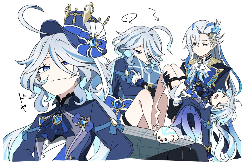 1boy, 1girl, :3, ahoge, ascot, black_gloves, blue_ascot, blue_eyes