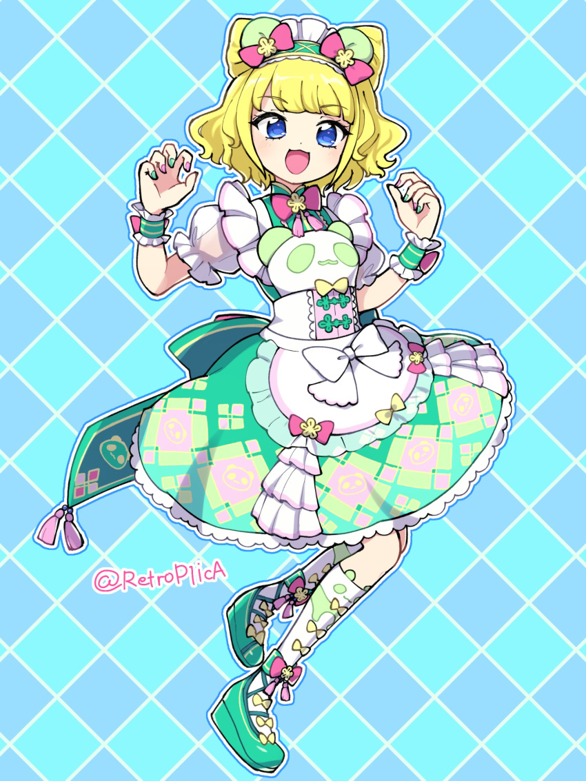 1girl, :d, animal_ears, animal_print, bear_ears, blonde_hair, blue_eyes, blunt_bangs