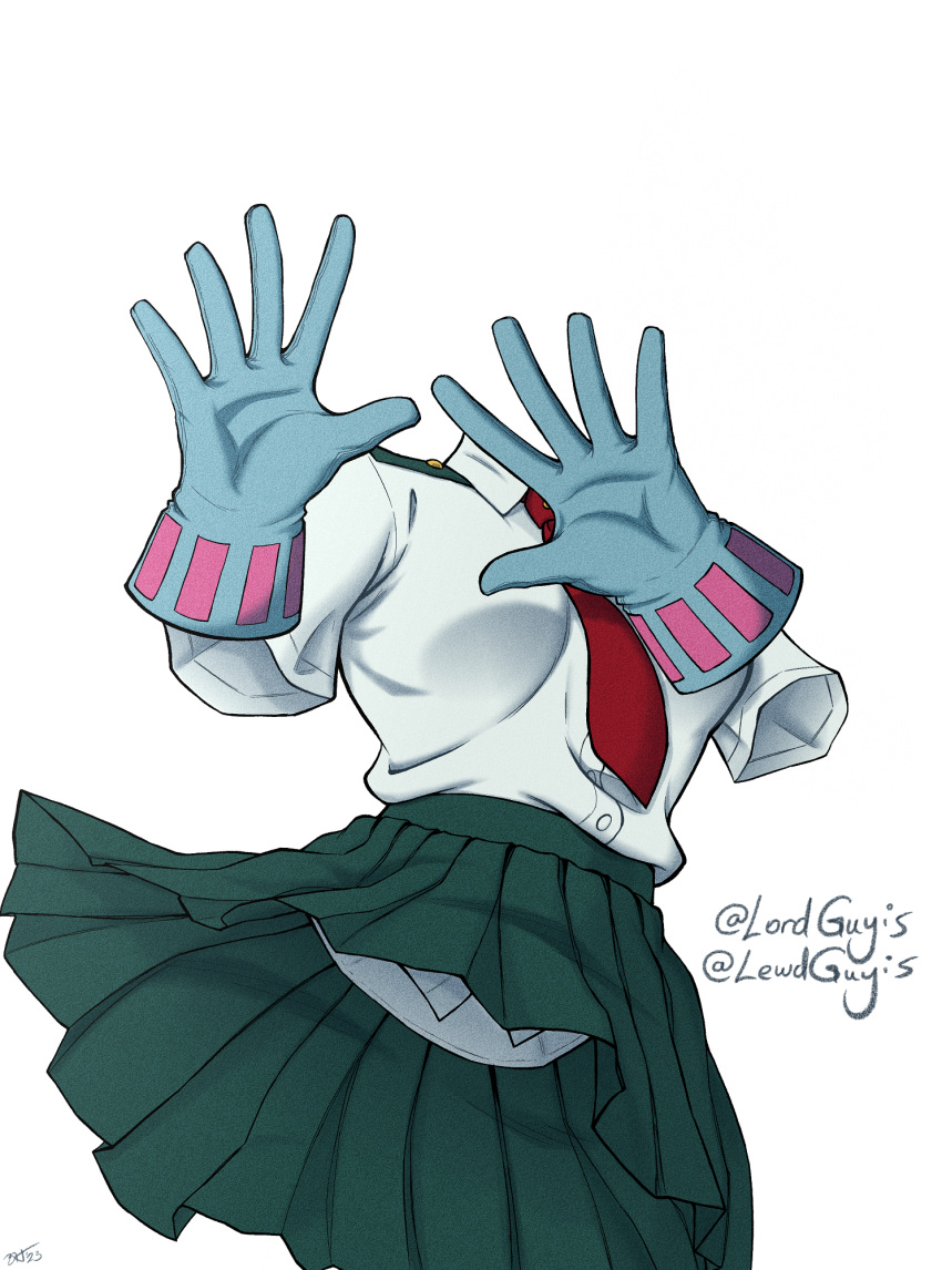 1girl, blue_gloves, boku_no_hero_academia, collared_shirt, gloves, green_skirt, hagakure_tooru, highres