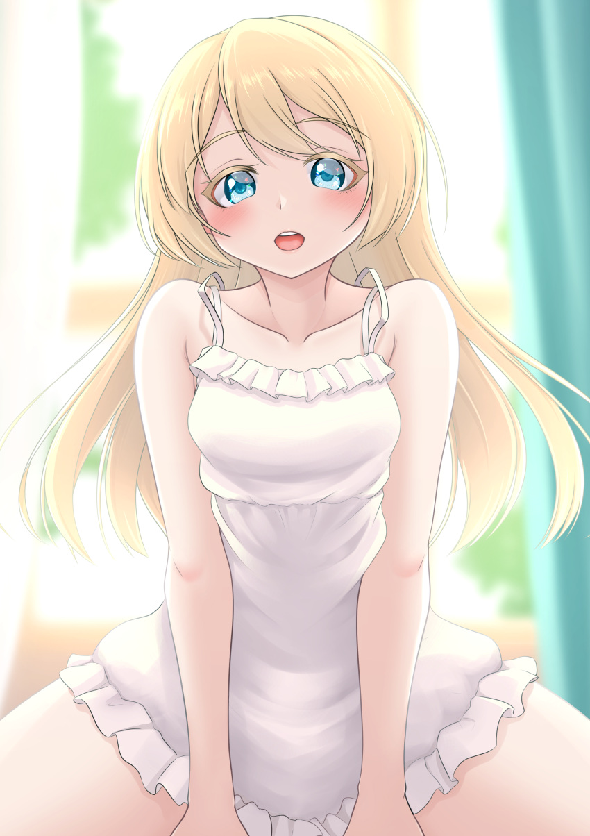 1girl, absurdres, blonde_hair, blue_eyes, collarbone, cowboy_shot, curtains, dress