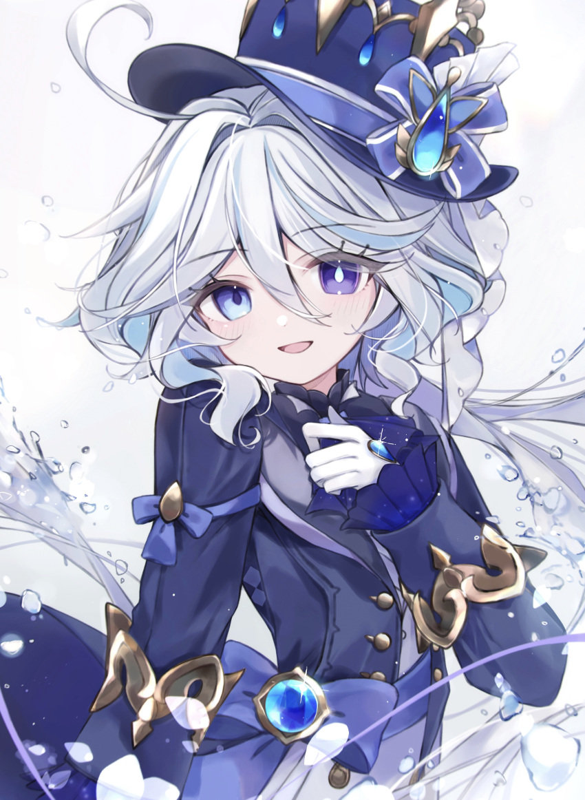 1girl, absurdres, ahoge, blue_bow, blue_eyes, blue_gemstone, blue_headwear, blue_jacket