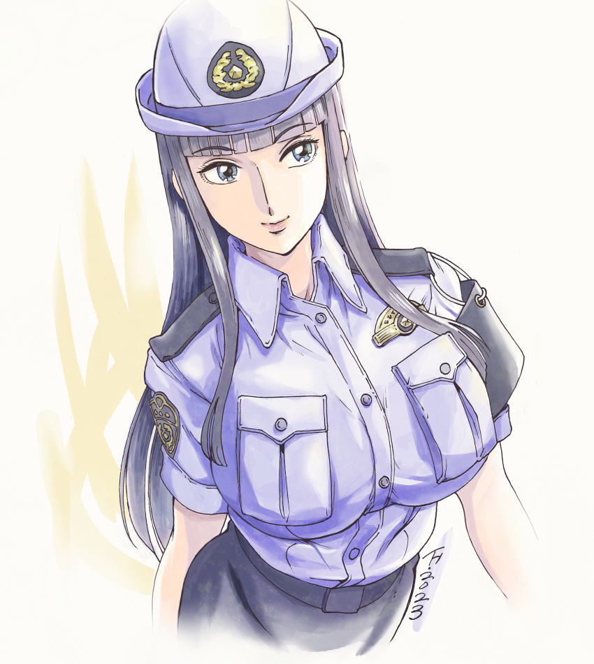 1girl, asato_ai, black_hair, blue_headwear, blue_shirt, breasts, dated, hat, highres, kochikame, kujira_gunsou, light_smile, long_hair, looking_at_viewer, pocket, police, police_uniform, policewoman, retro_artstyle, shirt, short_sleeves, solo, uniform, white_background