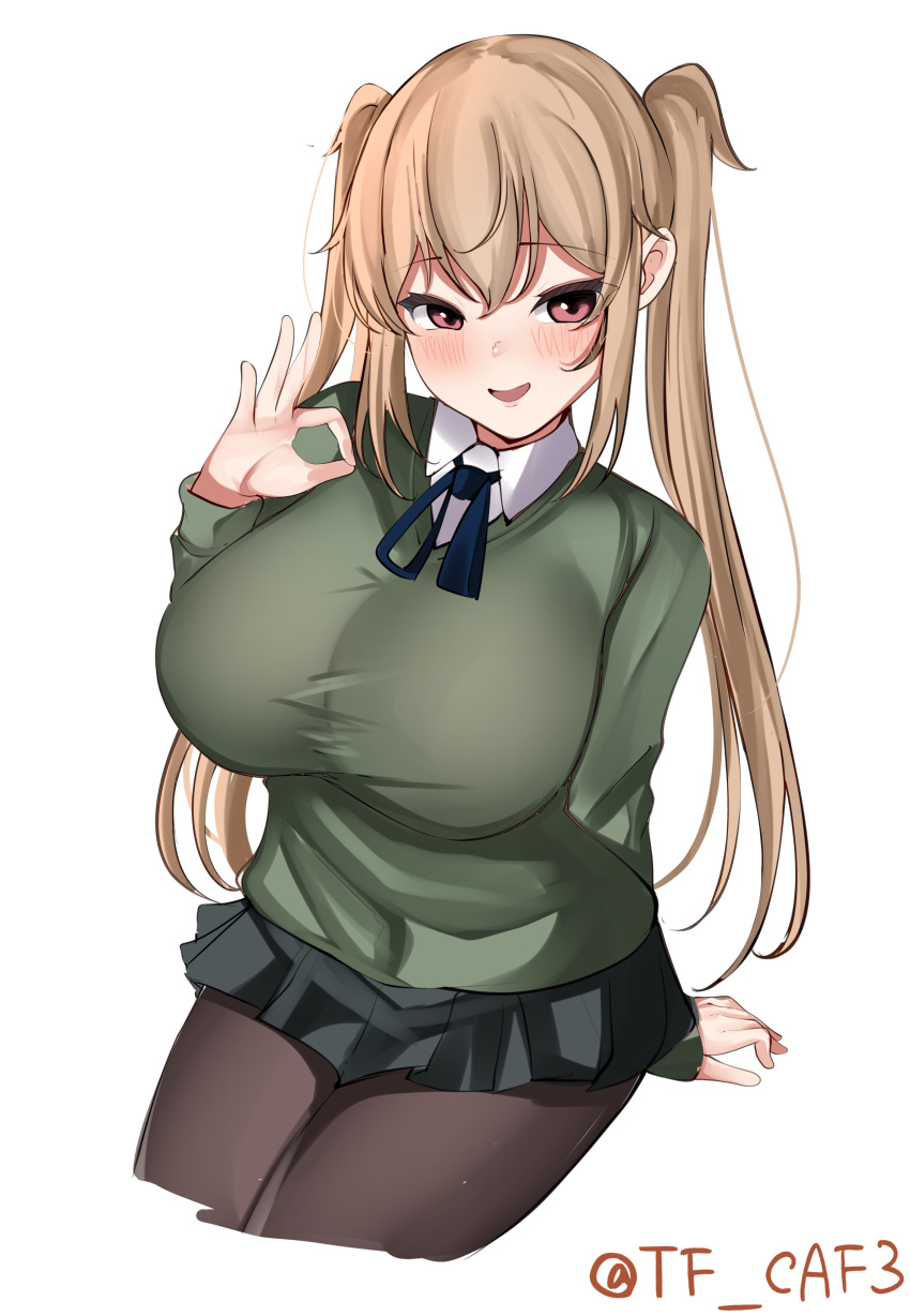 1girl, absurdres, alternate_costume, black_ribbon, breasts, brown_eyes, brown_pantyhose, collared_shirt, green_sweater, hair_flaps, hair_ribbon, highres, huge_breasts, kantai_collection, light_brown_hair, long_sleeves, murasame_(kancolle), neckerchief, pantyhose, ribbon, school_uniform, sexually_suggestive, shirt, sitting, solo, sweater, tf_cafe, twintails, twitter_username, white_background