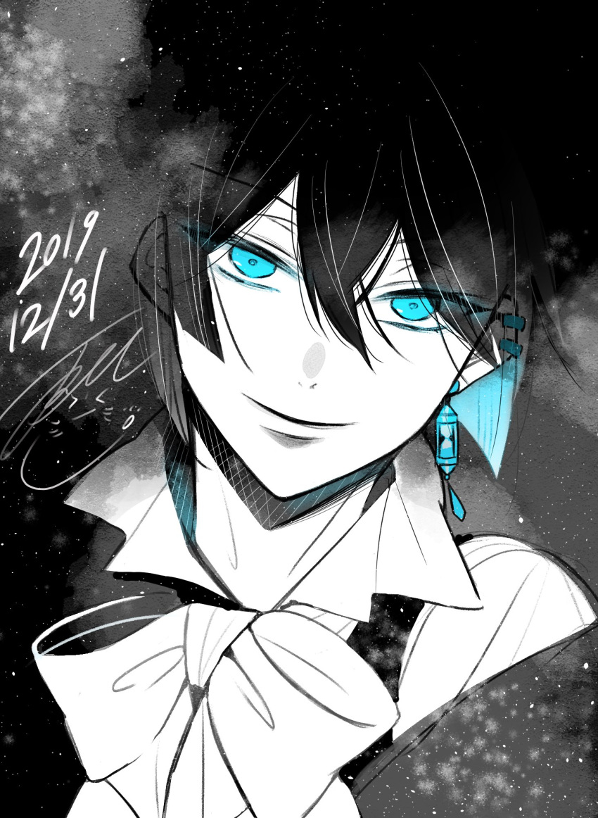 1boy, black_background, blending, blue_eyes, blue_hair, blunt_ends, bow, bowtie