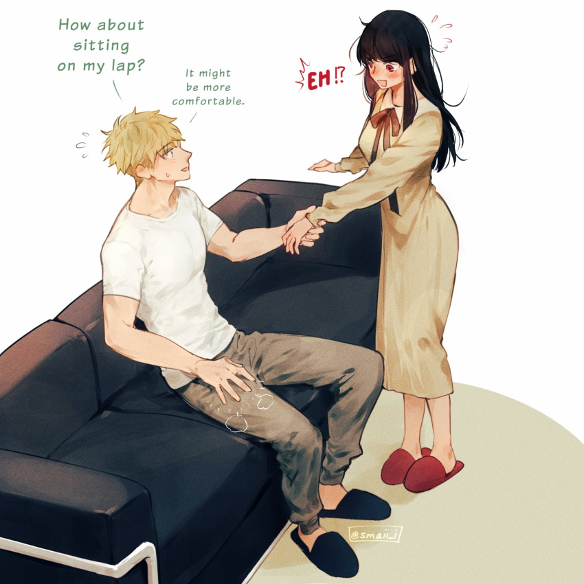 1boy, 1girl, :d, alternate_costume, black_footwear, black_hair, blush, breasts