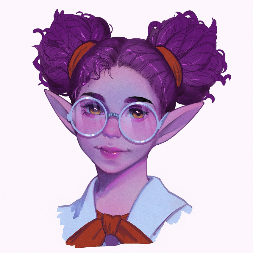 1girl, brown_eyes, colored_skin, commentary, double_bun, evelyn, glasses, hair_bun, highres, jina_(palia), looking_at_viewer, palia, pointy_ears, portrait, purple_hair, purple_skin, round_eyewear, simple_background, smile, solo, white-framed_eyewear, white_background