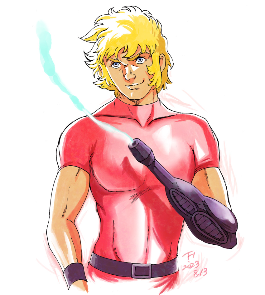 1boy, arm_cannon, belt, blonde_hair, blue_eyes, cobra_(space_adventure_cobra), dated, highres