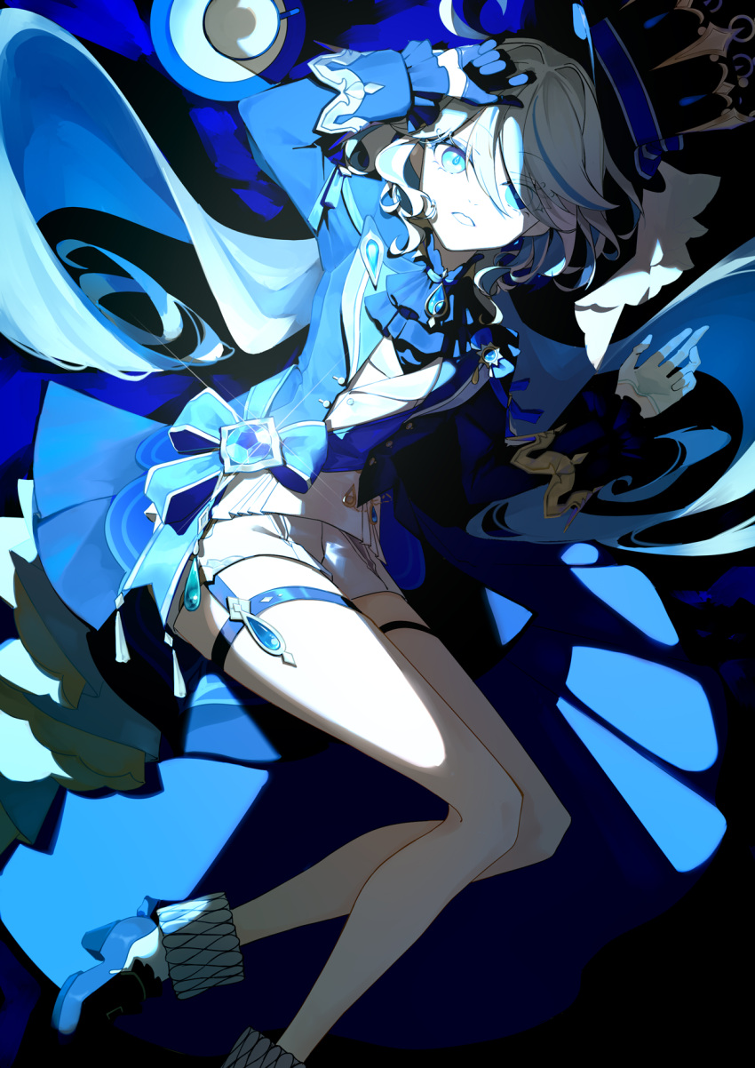 1girl, ahoge, ascot, asymmetrical_gloves, black_gloves, blue_ascot, blue_coat, blue_eyes