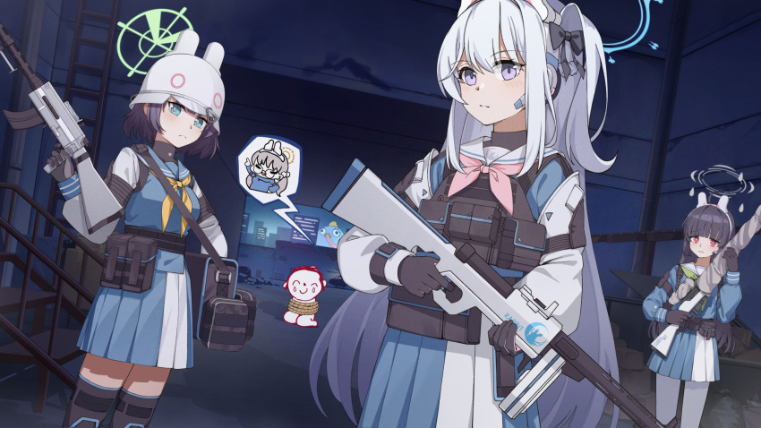 1boy, 4girls, ahoge, animal_ears, arona's_sensei_doodle_(blue_archive), black_hair, black_thighhighs, blue_archive