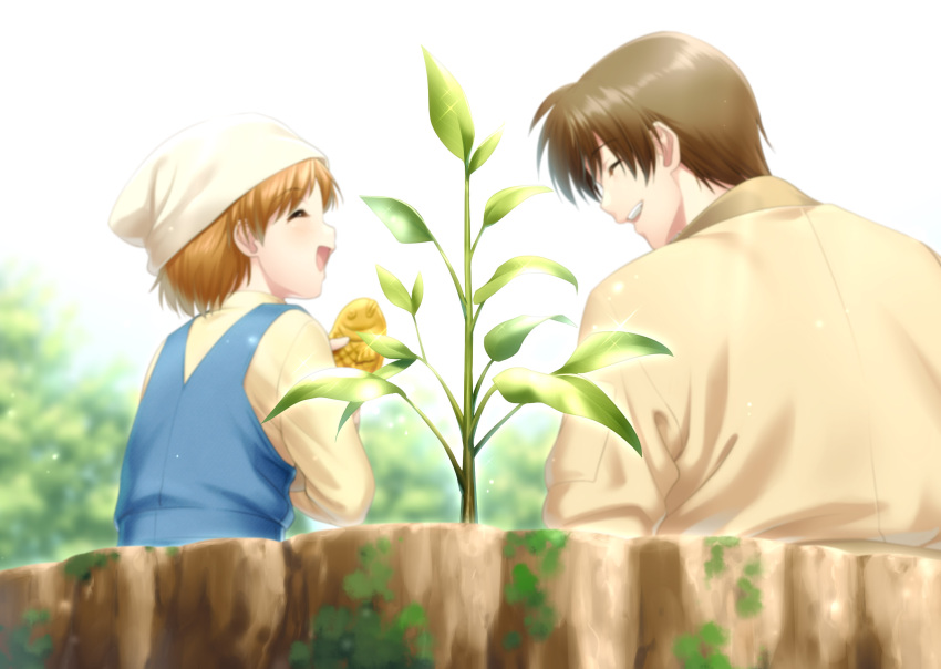 1boy, 1girl, :d, aizawa_yuuichi, blue_overalls, blurry, blush, brown_hair