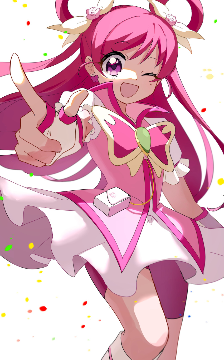 1girl, absurdres, bike_shorts_under_skirt, brooch, butterfly_brooch, butterfly_earrings, choker, cure_dream, earrings, hair_ornament, hair_rings, heart, heart_brooch, highres, jewelry, kamogawa140, long_hair, magical_girl, open_mouth, pink_choker, pink_eyes, pink_hair, pink_shorts, precure, ribbon, shorts, shorts_under_skirt, skirt, smile, solo, twintails, violet_eyes, white_background, yes!_precure_5, yes!_precure_5_gogo!, yumehara_nozomi