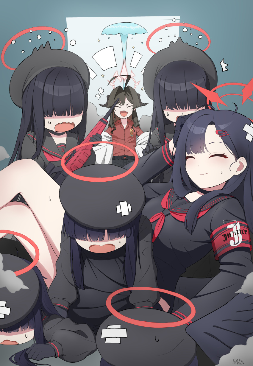 +++, 6+girls, ^^^, absurdres, ahoge, armband, artist_name, beret, black_choker, black_gloves, black_hair, black_headwear, black_horns, black_sailor_collar, black_serafuku, black_shorts, black_wings, blue_archive, choker, closed_eyes, closed_mouth, collared_shirt, dated, demon_wings, feathered_wings, gloves, gun, hair_intakes, hair_ornament, hair_over_eyes, hairclip, halo, hat, highres, horns, ichika_(blue_archive), jinrou_mangfu, justice_task_force_member_(blue_archive), kasumi_(blue_archive), long_hair, long_sleeves, low_wings, multiple_girls, neckerchief, open_mouth, red_armband, red_halo, red_neckerchief, red_shirt, safety_pin, sailor_collar, school_uniform, serafuku, shirt, shirt_tucked_in, shorts, signature, smile, weapon, wings