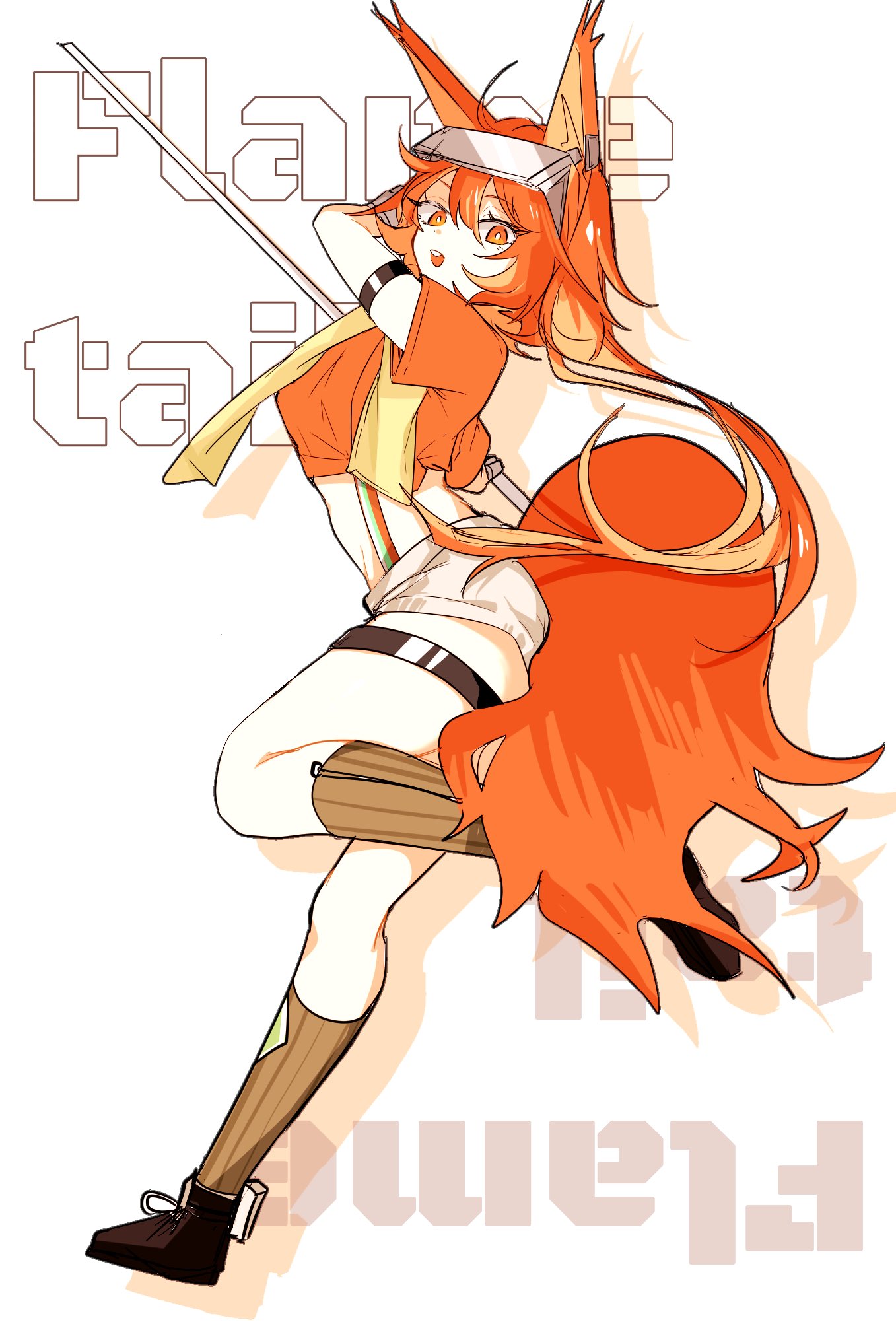 1girl, :o, animal_ears, arknights, black_footwear, brown_socks, character_name, commentary, crop_top, drop_shadow, flametail_(arknights), flametail_(sport_for_all)_(arknights), full_body, head-mounted_display, highres, holding, holding_pole, kneehighs, large_tail, leg_up, long_hair, looking_at_viewer, official_alternate_costume, open_mouth, orange_shirt, pole, red_eyes, redhead, shirt, shoes, shorts, simple_background, socks, solo, squirrel_ears, squirrel_girl, squirrel_tail, suspender_shorts, suspenders, tail, thigh_strap, ub_orca, white_background, white_shorts