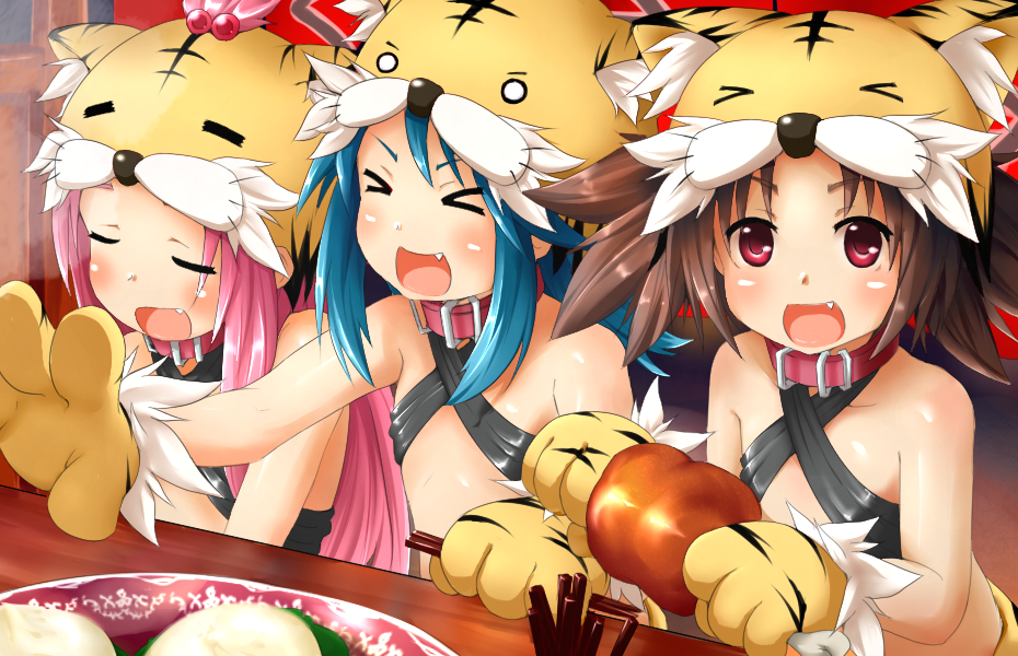 animal_ears, brown_hair, cat_ears, closed_eyes, fang, food, green_hair, hat