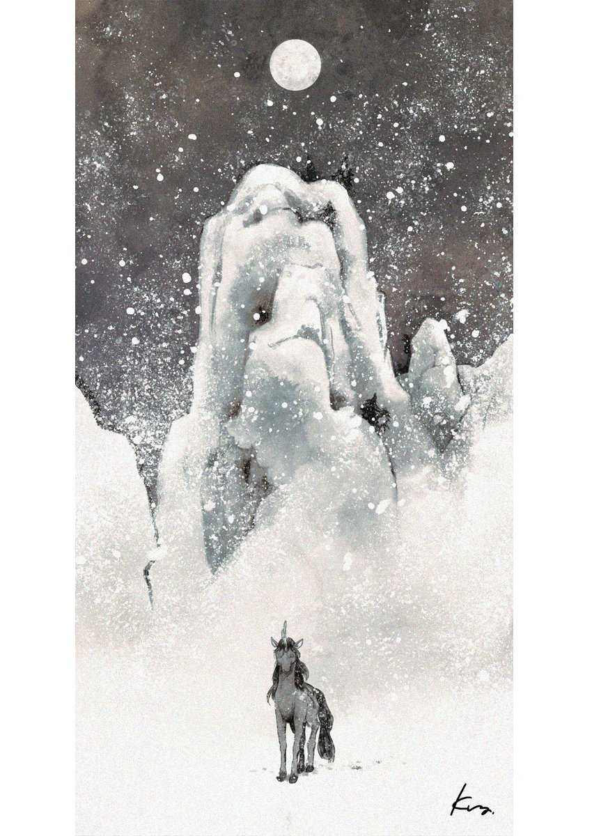 alternate_form, animal_focus, footprints, full_moon, grey_theme, highres, juuni_kokuki, kirin_(juuni_kokuki), kuz_(kzmmmy), looking_at_viewer, moon, mountain, nature, no_humans, pillarboxed, signature, sky, snow, snowing, solo, standing, taiki_(juuni_kokuki)