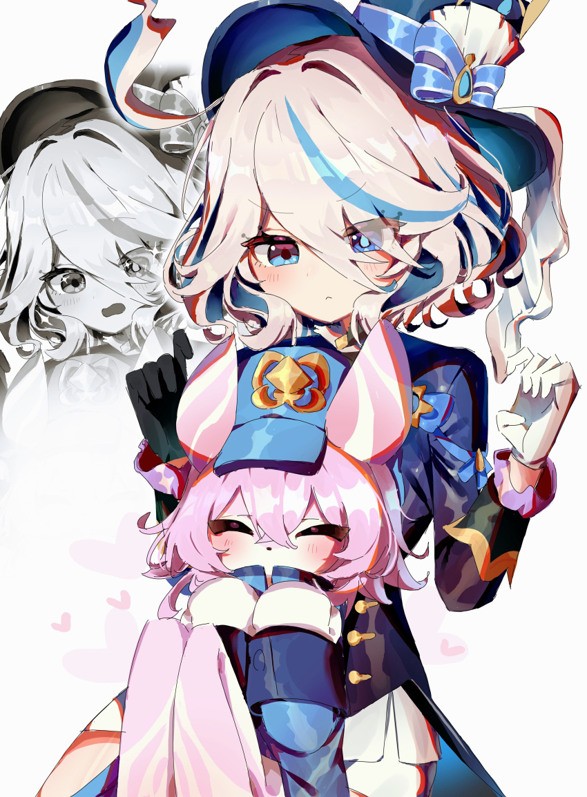 2girls, absurdres, ahoge, asymmetrical_gloves, black_gloves, blathine_(genshin_impact), blue_bow, blue_coat