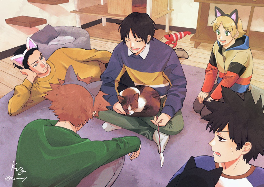 1girl, 4boys, animal_ears, animal_on_lap, black_cat, black_eyes, black_hair, blonde_hair, carpet, casual, cat, cat_ears, cat_on_lap, cat_teaser, cat_tower, closed_eyes, desk, fake_animal_ears, frown, green_eyes, green_pants, green_sweater, grey_pants, grey_socks, hand_up, head_rest, hood, hooded_jacket, hosoi_maori, ikoma_tatsuhito, indian_style, indoors, jacket, kuz_(kzmmmy), long_sleeves, looking_at_another, looking_back, lying, minamisawa_kai, mizukami_satoshi_(world_trigger), multiple_boys, no_shoes, oki_kouji, on_lap, on_side, open_mouth, orange_hair, pants, parted_bangs, petting, playing, purple_sweater, seiza, short_hair, signature, sitting, sleeping, socks, spiky_hair, squatting, stuffed_animal, stuffed_lobster, stuffed_toy, sweatdrop, sweater, twitter_username, white_socks, wooden_floor, world_trigger, yellow_sweater