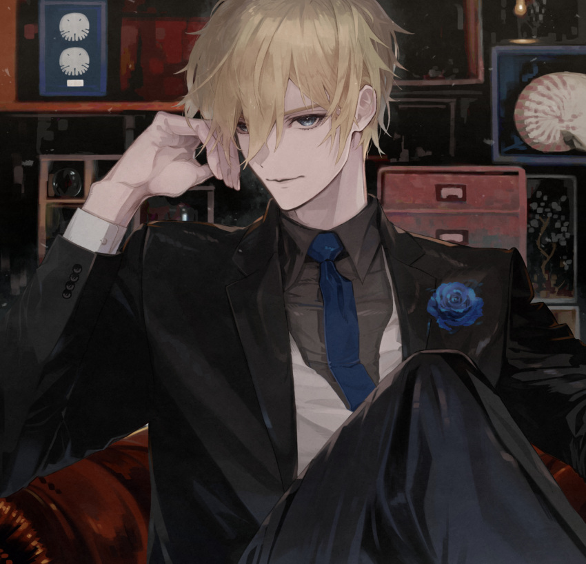 1boy, 2tsubu, blonde_hair, blue_eyes, blue_flower, blue_necktie, blue_rose, chair