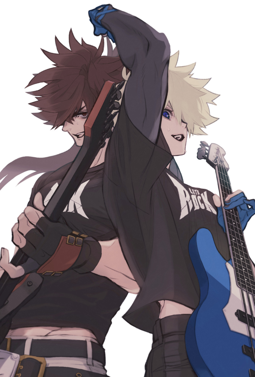 2boys, 2tsubu, belt, black_gloves, black_shirt, blonde_hair, blue_eyes, blue_gloves