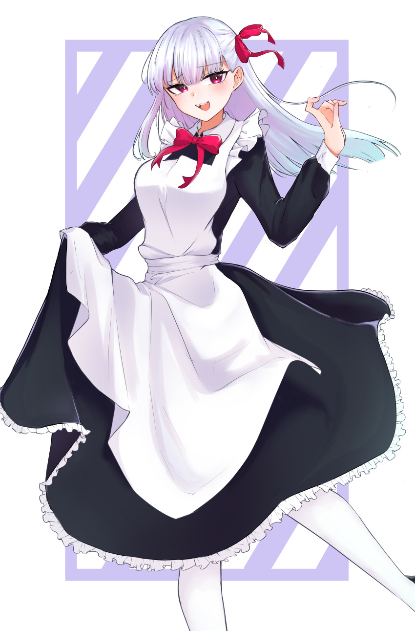 1girl, absurdres, alternate_costume, aoooi1031, apron, black_dress, bow, bowtie, breasts, dress, enmaided, fate/grand_order, fate_(series), frilled_dress, frills, grey_hair, hair_ribbon, highres, kama_(fate), long_hair, long_sleeves, looking_at_viewer, maid, maid_apron, medium_breasts, open_mouth, red_bow, red_bowtie, red_ribbon, ribbon, round_teeth, solo, teeth, upper_teeth_only, violet_eyes, white_apron