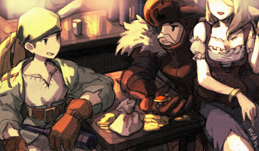 1girl, 2boys, armor, bandana, bracelet, breasts, facial_hair, final_fantasy