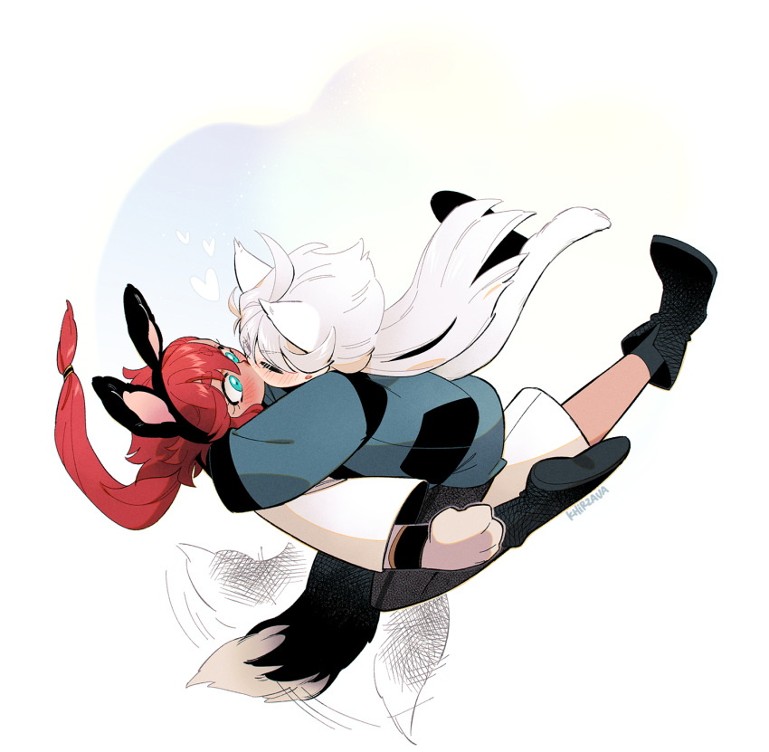 2girls, animal_ears, animal_hands, asticassia_school_uniform, black_footwear, blue_eyes, blush, boots, cat_ears, cat_girl, cat_tail, closed_eyes, commentary_request, fake_animal_ears, gloves, green_jacket, gundam, gundam_suisei_no_majo, heart, highres, jacket, kemonomimi_mode, khirzava, kiss, korean_commentary, long_hair, miorine_rembran, multiple_girls, paw_gloves, rabbit_ears, red_eyes, school_uniform, suletta_mercury, tail, white_hair, white_jacket, yuri