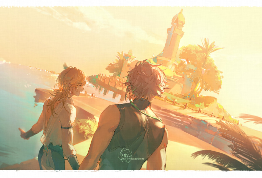 2boys, alhaitham_(genshin_impact), artist_name, back_cutout, black_shirt, blonde_hair, blue_sash, building