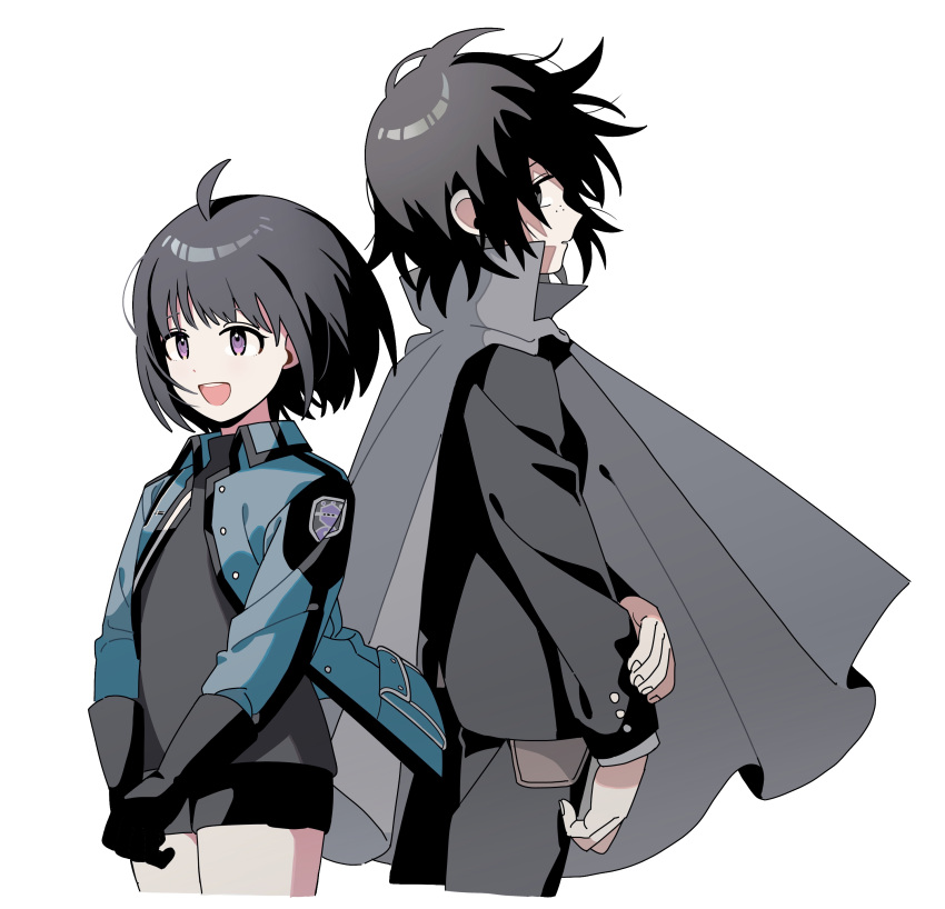 2girls, :d, absurdres, ahoge, amatori_chika, back-to-back, black_gloves, black_hair