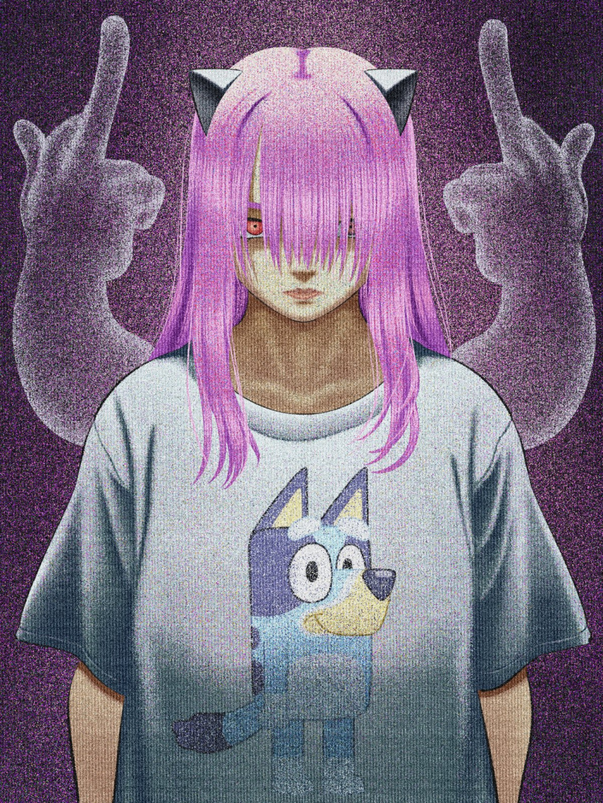 1girl, black_background, blue_shirt, bluey, bluey_(bluey), bombsahoy, character_print, closed_mouth