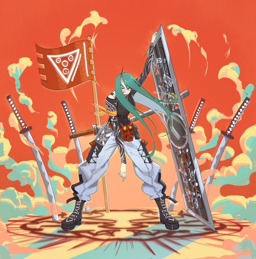 1girl, ankle_boots, arknights, arm_tattoo, arm_up, black_footwear, blood, blood_on_face