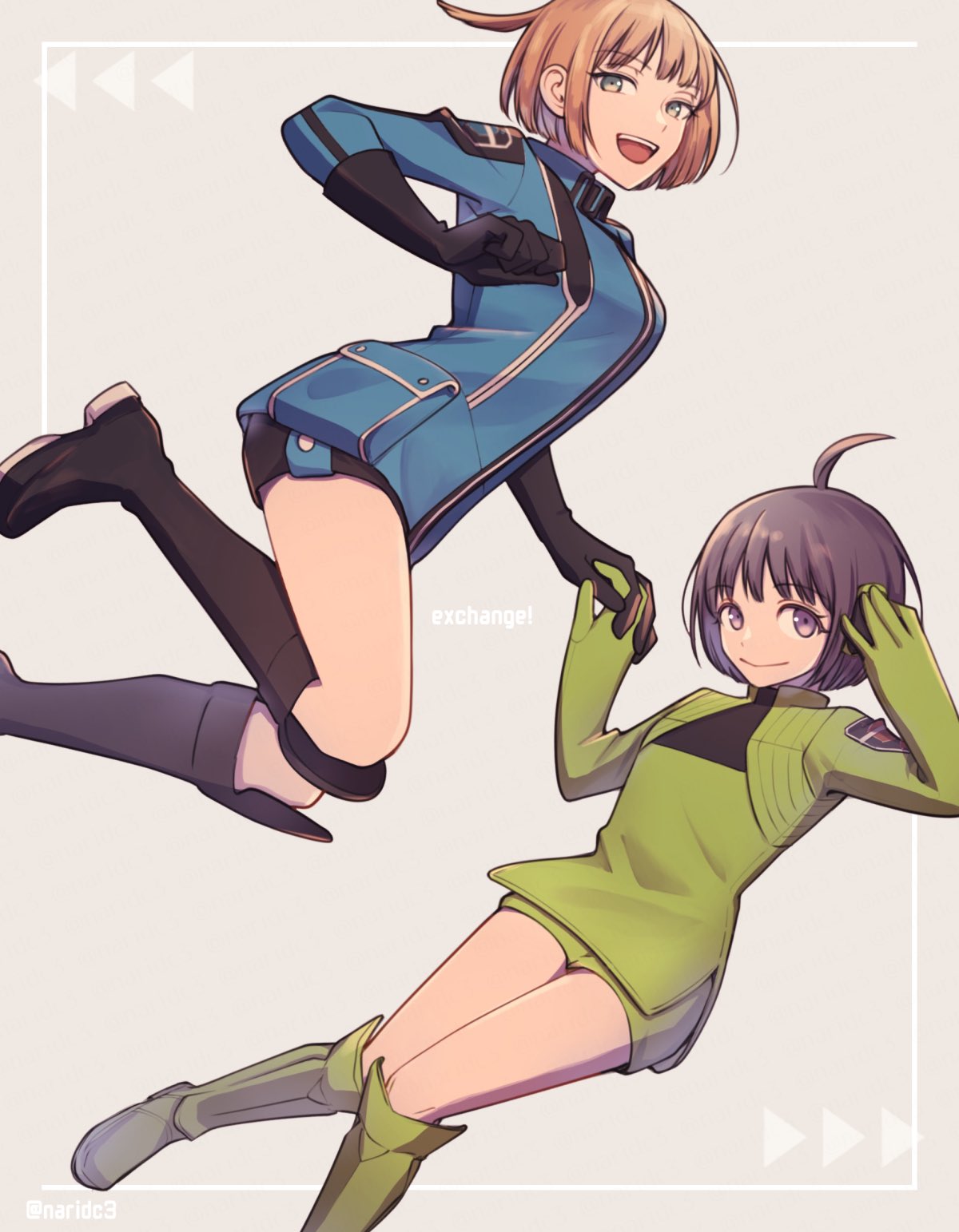 2girls, :d, ahoge, amatori_chika, black_eyes, black_footwear, black_gloves, black_hair