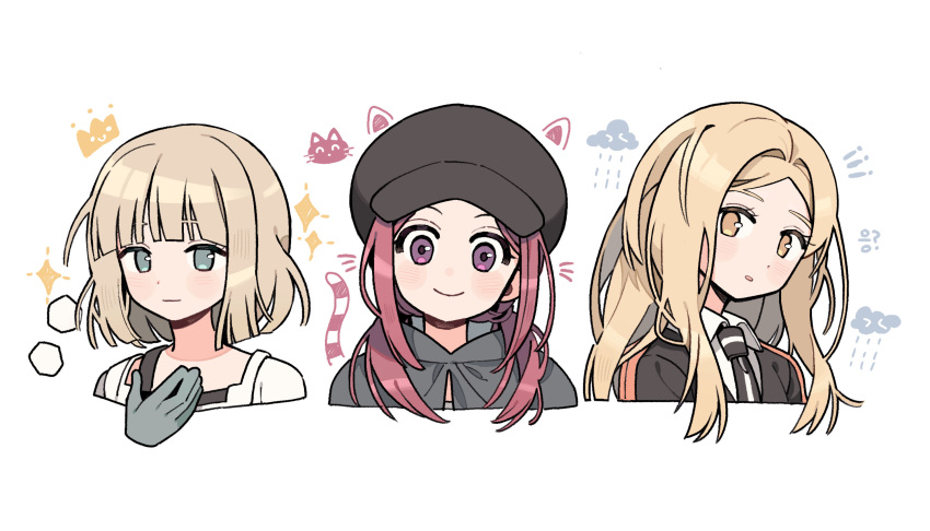 3girls, animal_ears, black_necktie, blonde_hair, border_operator_uniform_(world_trigger), cat_ears, cat_tail, cropped_shoulders, drawn_crown, drawn_ears, drawn_tail, drawn_whiskers, fake_animal_ears, fake_tail, gloves, green_eyes, grey_cloak, grey_gloves, grey_hair, hair_over_shoulder, highres, hiura_akane, korean_commentary, lineup, long_hair, looking_at_viewer, messy_hair, multiple_girls, nana_0253, nasu_rei, nasu_squad's_uniform, necktie, parted_hair, pink_hair, rokuta_rika, short_hair, smile, tail, twintails, violet_eyes, white_background, world_trigger, yellow_eyes
