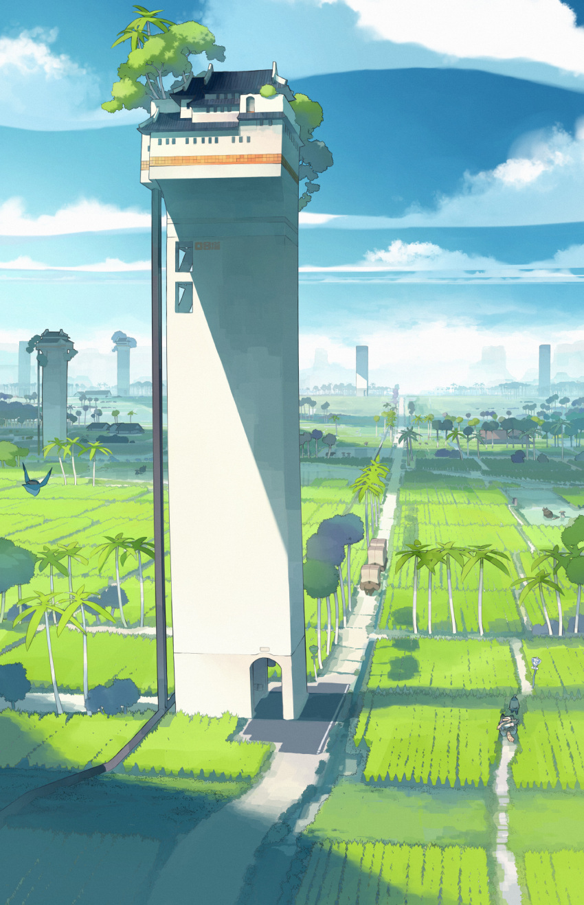 1girl, 1other, akitsu_taira, animal, arch, architecture, bird, blue_bird_(akitsu_taira)