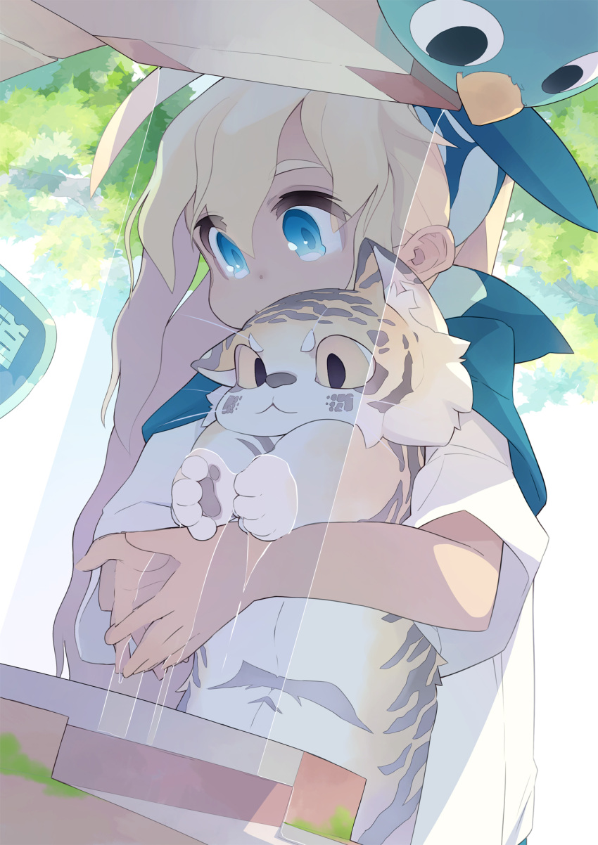 1girl, :3, akitsu_taira, animal, bird, blonde_hair, blue_bird_(akitsu_taira), blue_eyes