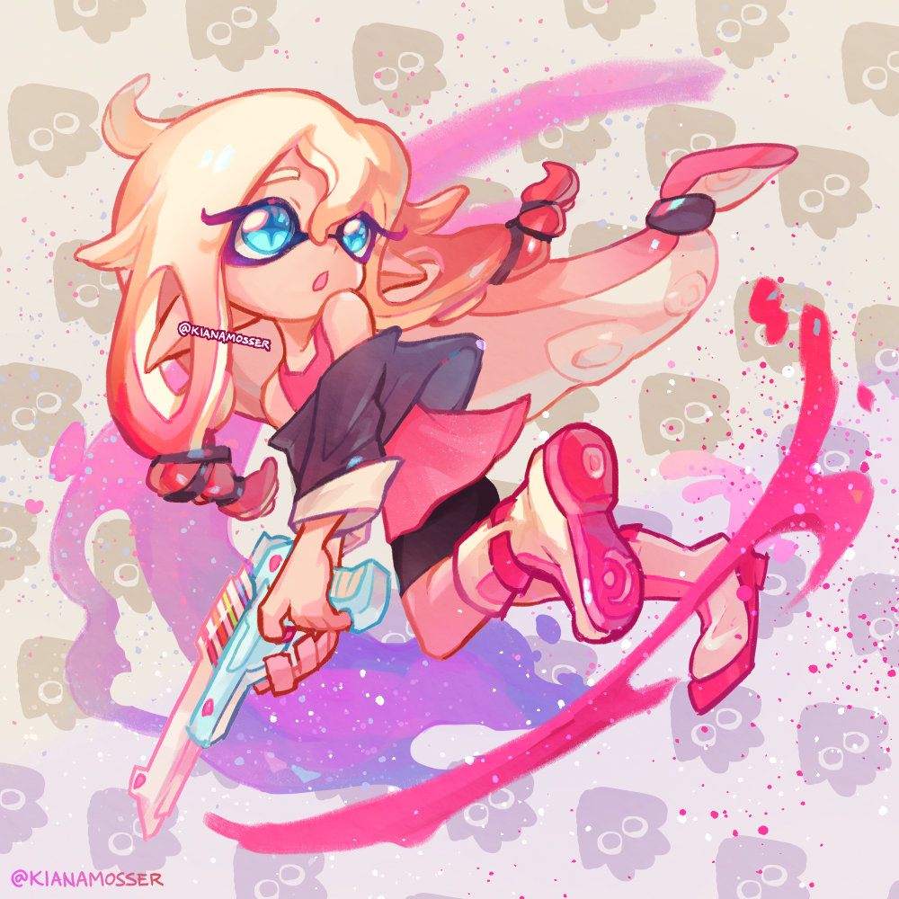 1girl, black_shorts, blonde_hair, blue_eyes, boots, gun, holding, holding_gun
