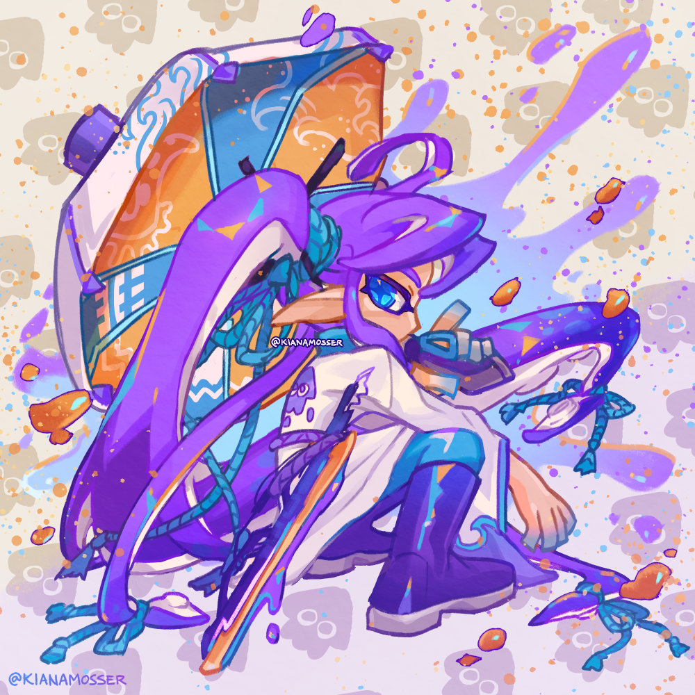 1boy, alternate_species, artist_name, black_footwear, blue_eyes, boots, commentary_request, inkling