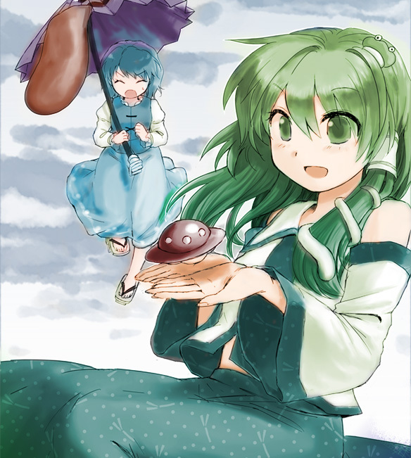 ariori_haberi, bad_id, blue_hair, detached_sleeves, frog, green_eyes, green_hair, hair_ornament